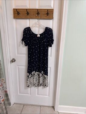 Siren Lily Navy Dress with White Floral Hem
